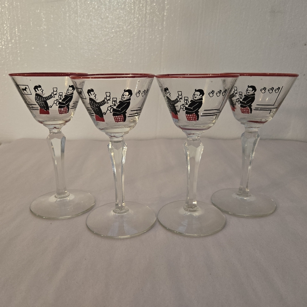 Vintage 1947 Libbey Pickwick Merrymakers Martini or Cordial Glasses, Set of Four